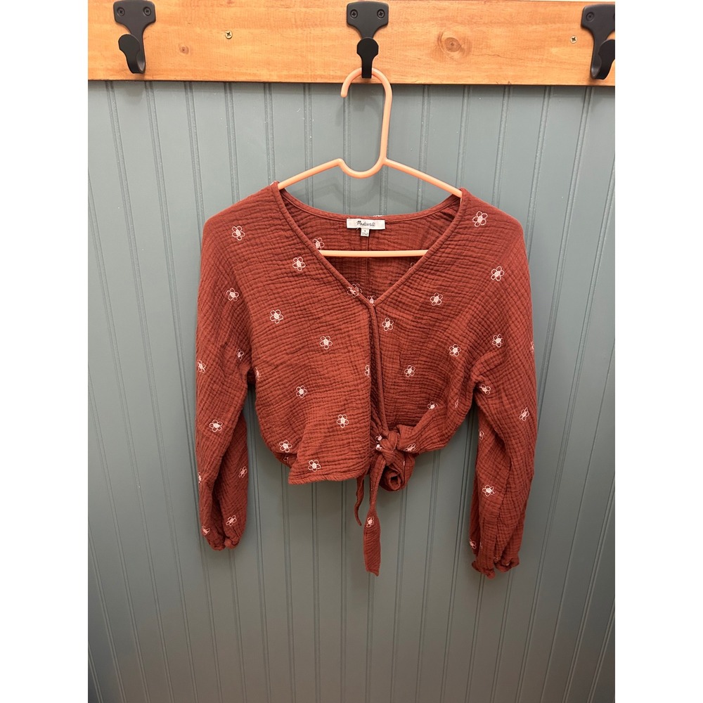 Madewell Rust Brown Embroidered Daisy Cotton Gauze Tie Front Crop Top Small